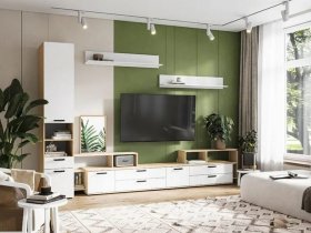 Модульная стенка Санса (дуб сонома/белый) в Линёво - linyovo.mebel-nsk.ru | фото